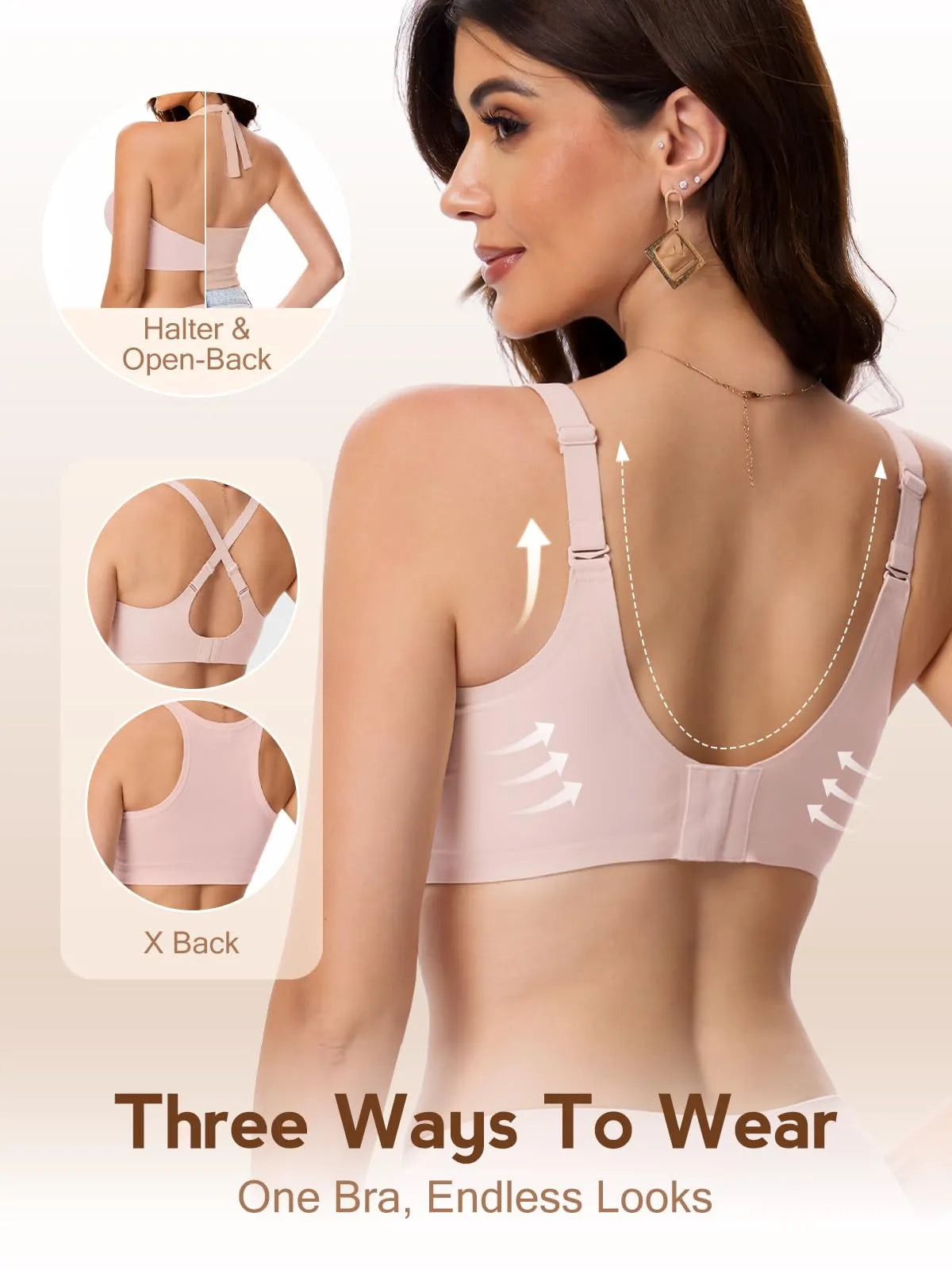 Pink wireless bra with halter open-back and cross-back adjustable straps