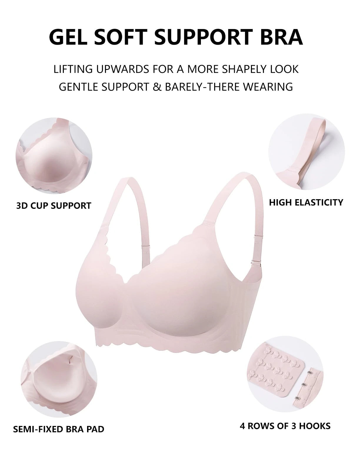 Pink scalloped bra diagram showing 3D cup support and 4-row 3-hook closure