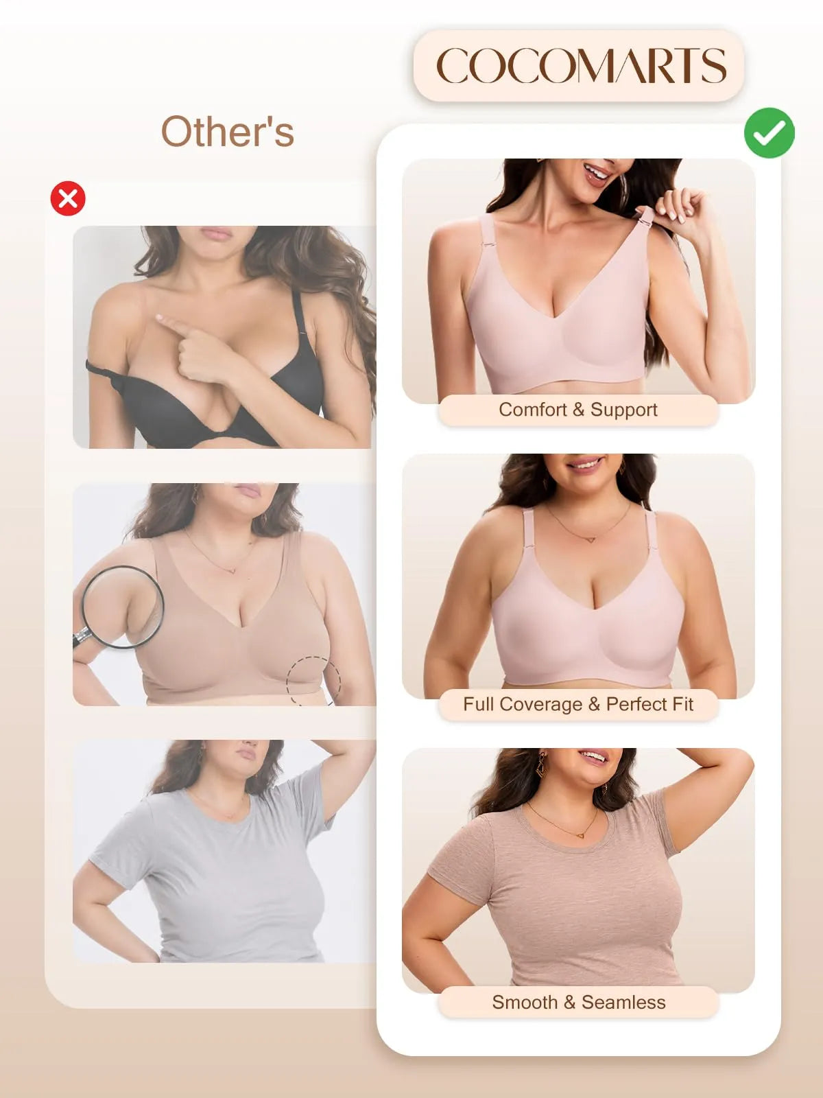 Pink seamless wireless bra shown for full coverage, smooth and comfortable fit