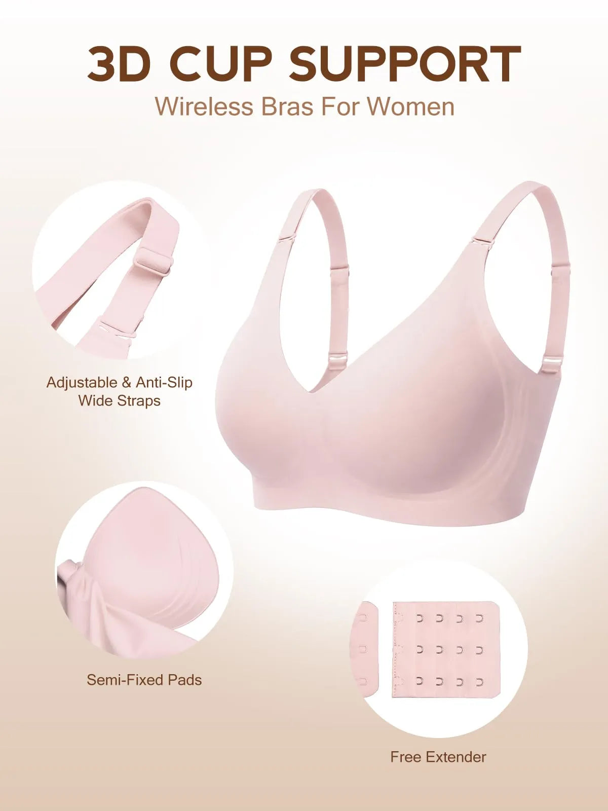 Pink wireless bra with adjustable wide straps and removable semi-fitted pads