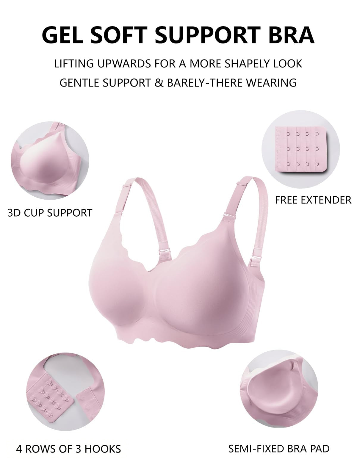 COCOMARTS Jelly Bras for Women No Underwire Scalloped Push Up Wireless Bralettes Seamless Soft Comfort Everyday Tshirt Bra Pink