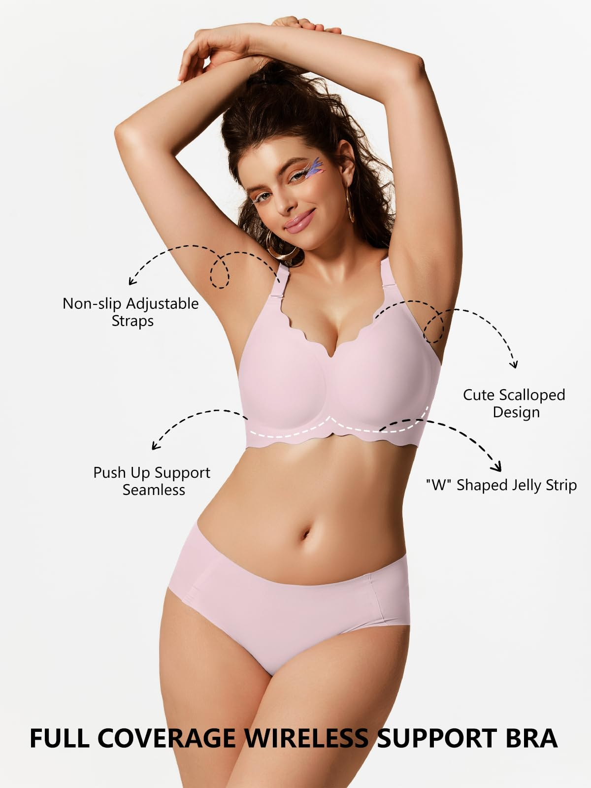 COCOMARTS Jelly Bras for Women No Underwire Scalloped Push Up Wireless Bralettes Seamless Soft Comfort Everyday Tshirt Bra Pink