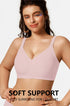 Pink seamless push-up bra with V-neck plunge and thin straps, no underwire.