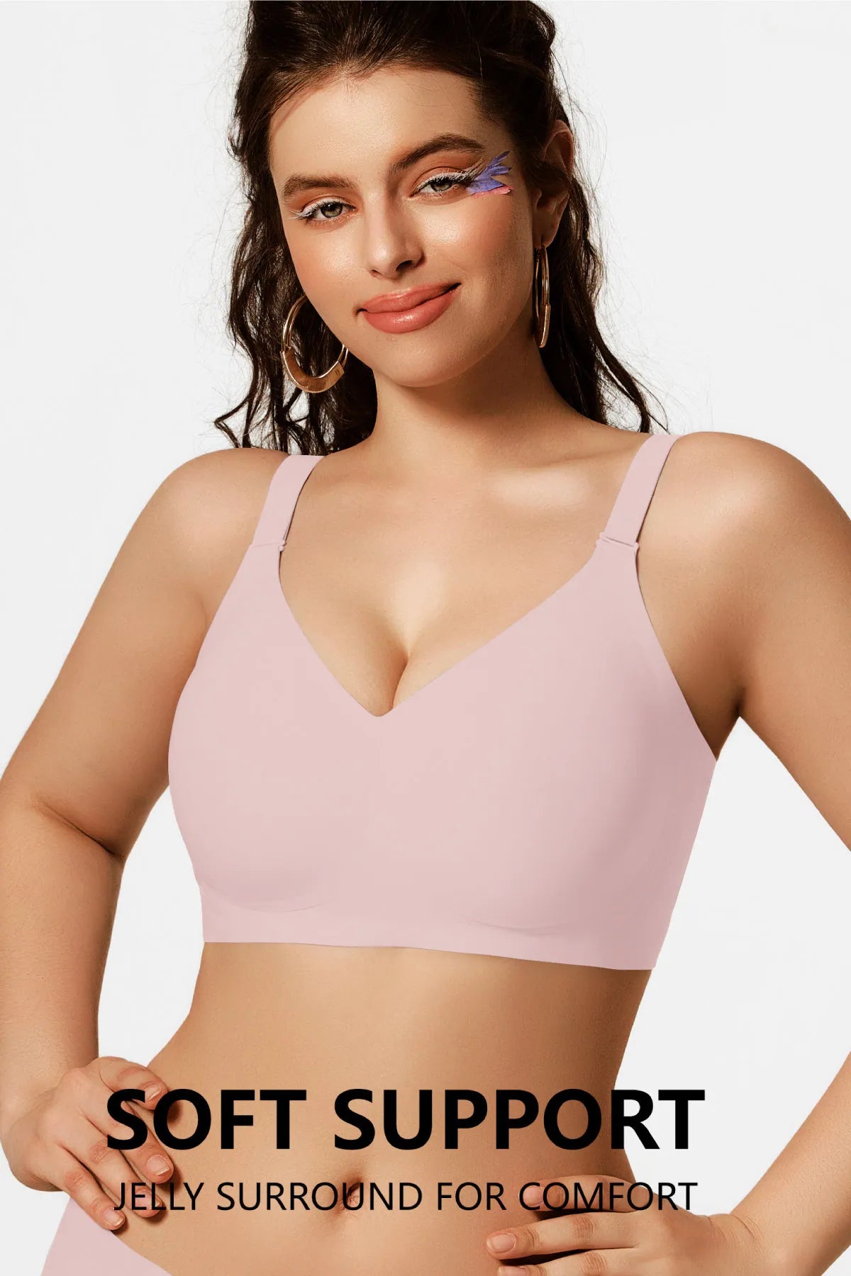 Pink seamless push-up bra with V-neck plunge and thin straps, no underwire.