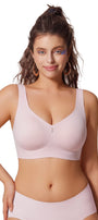 Pink seamless full-coverage t-shirt bralette with no underwire, smooth cups, thin straps
