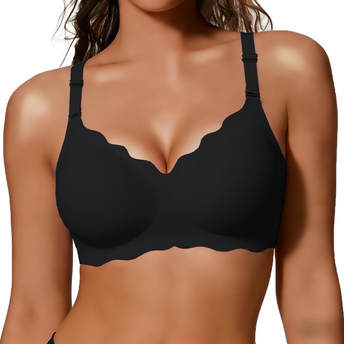 COCOMARTS Jelly Bras for Women No Underwire Scalloped Push Up Wireless Bralettes Seamless Soft Comfort Everyday Tshirt Bra Black