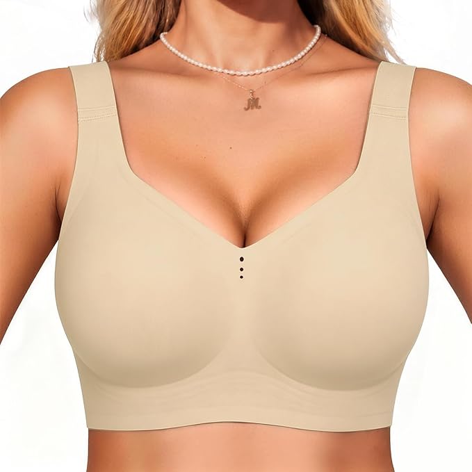 Semolina beige underwire-free full-coverage t-shirt bralette with smooth V-neck front