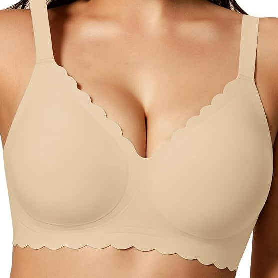Light beige no-underwire full-coverage bra with scalloped edges and smooth cups.