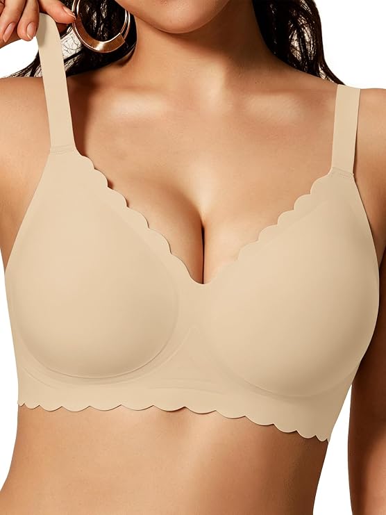 Light beige no-underwire full-coverage bra with scalloped edges and smooth cups.