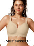 Light beige no-underwire full-coverage bra with scalloped trim and molded cups.