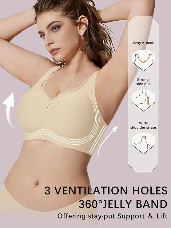Semolina beige underwire-free t-shirt bralette with V-neck and wide supportive straps