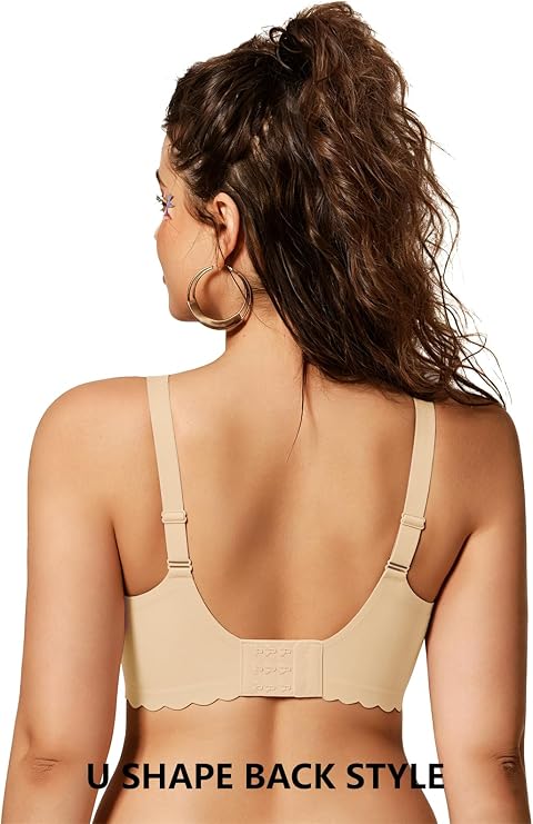 Back view: light beige no-underwire full-coverage bra with adjustable straps.