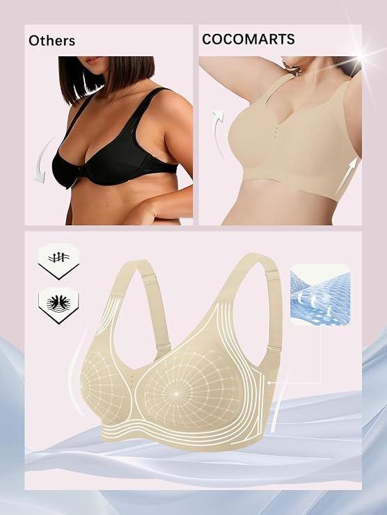 Semolina beige underwire-free bralette with breathable-looking scoop front and wide straps