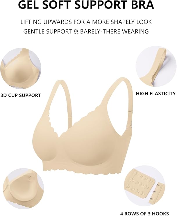 Light beige no-underwire bra diagram with scalloped cups and smooth stretchy fit.