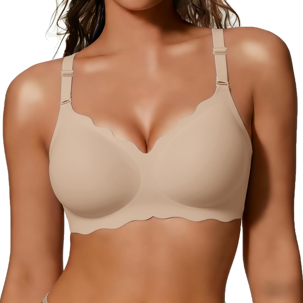 COCOMARTS Jelly Bras for Women No Underwire Scalloped Push Up Wireless Bralettes Seamless Soft Comfort Everyday Tshirt Bra Semolina