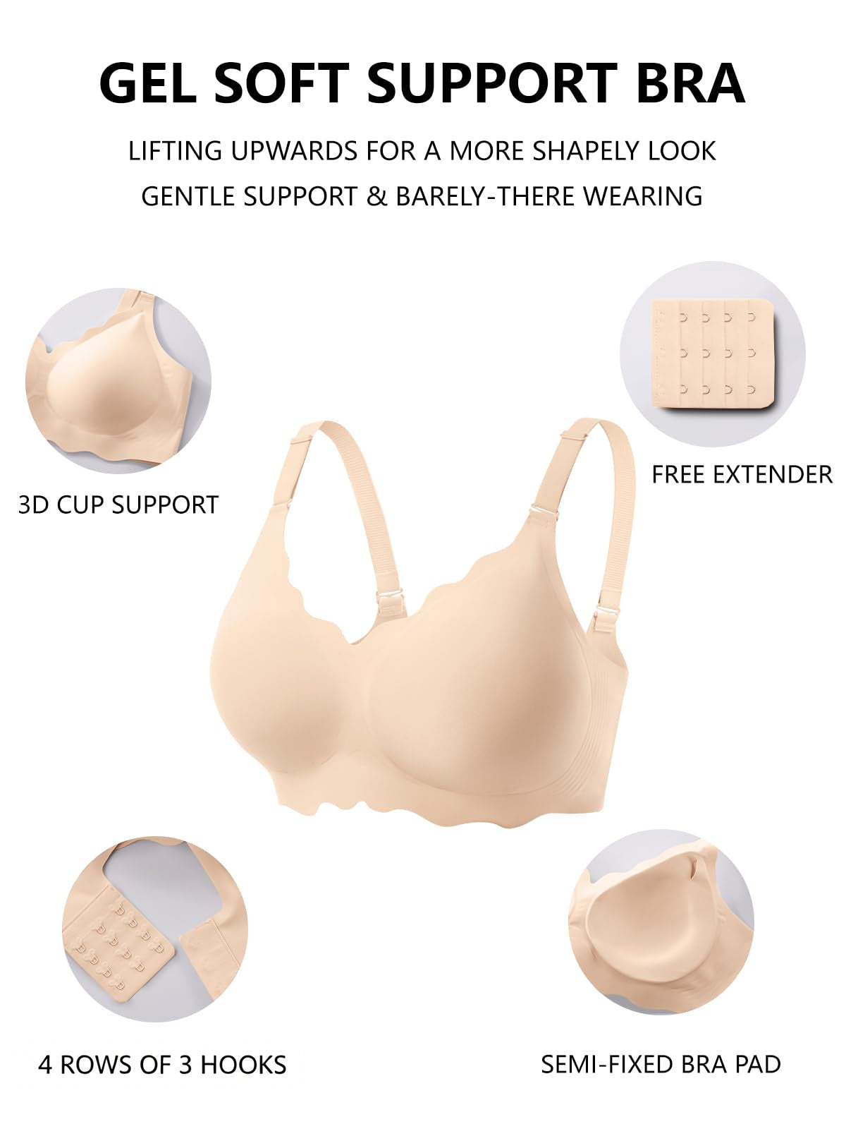 COCOMARTS Jelly Bras for Women No Underwire Scalloped Push Up Wireless Bralettes Seamless Soft Comfort Everyday Tshirt Bra Semolina
