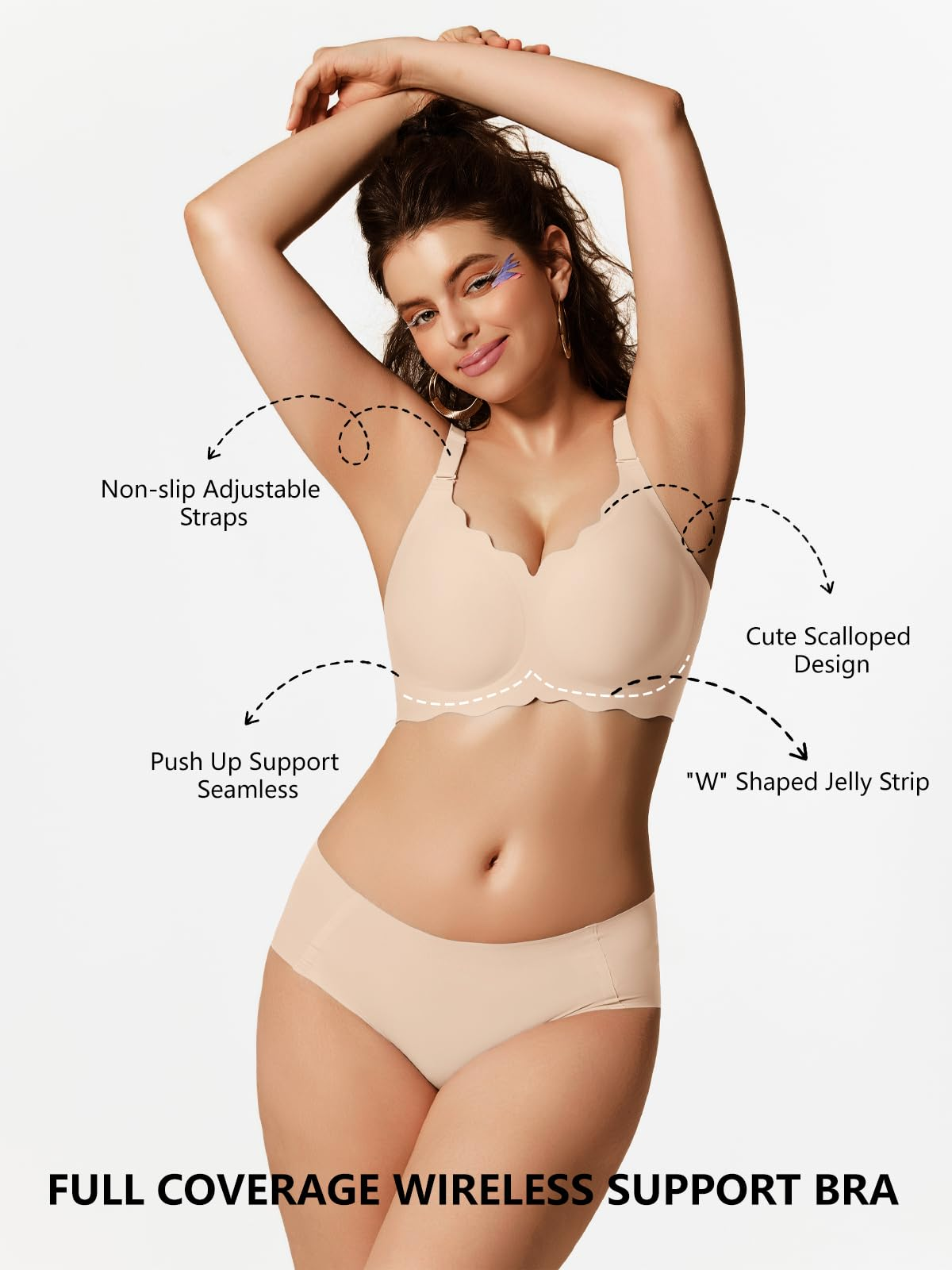 COCOMARTS Jelly Bras for Women No Underwire Scalloped Push Up Wireless Bralettes Seamless Soft Comfort Everyday Tshirt Bra Semolina