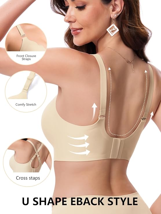 Beige seamless push-up bra with scalloped neckline and U-back cross straps