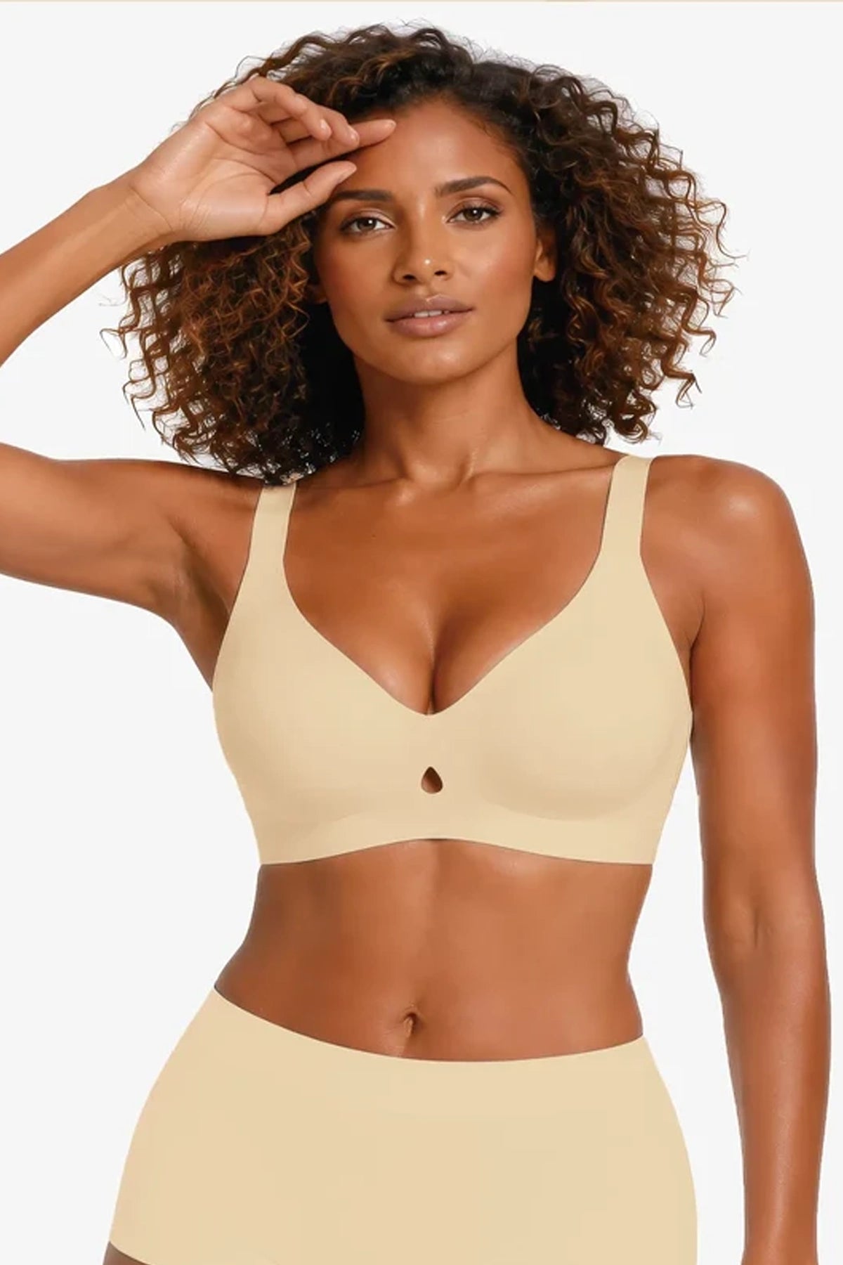 Seamless wireless plunge bra in skin tone, full support