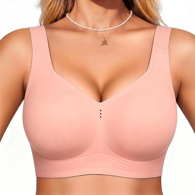Pink full-coverage T-shirt bra bralette with wide straps and V-neck front