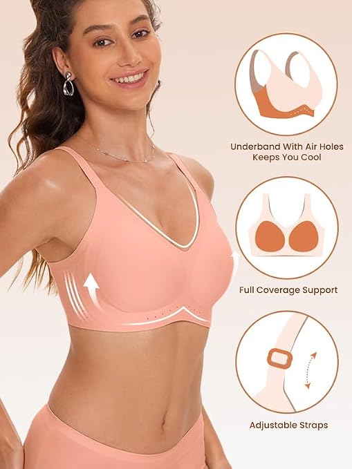 Tea red seamless V-neck bralette with adjustable straps, front view on model