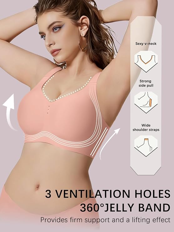 Pink seamless V-neck bralette with wide shoulder straps and dotted trim detail