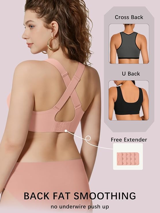 Pink full-coverage bralette with cross-back straps and smooth racer-back support