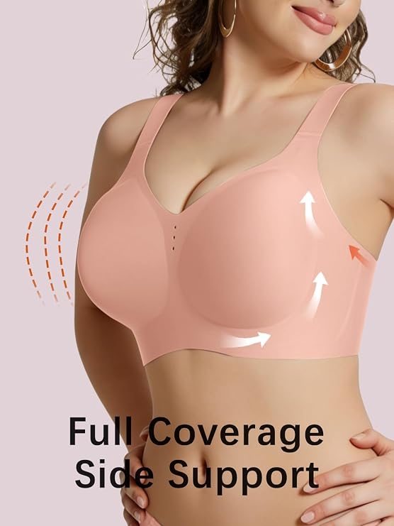 Pink full-coverage bralette with V-neck molded cups and supportive side shaping
