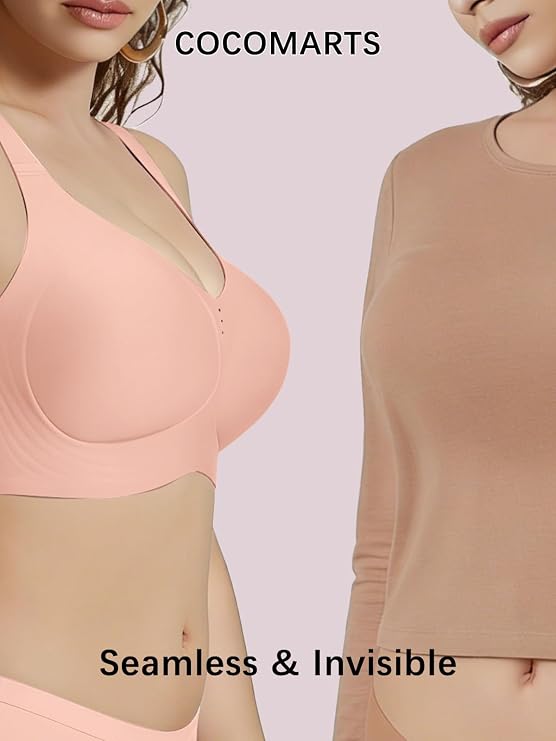 Pink seamless bralette with smooth molded cups and a V-neckline