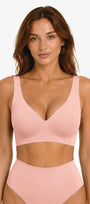 Tea red deep V wireless supportive bra, adjustable straps, front view