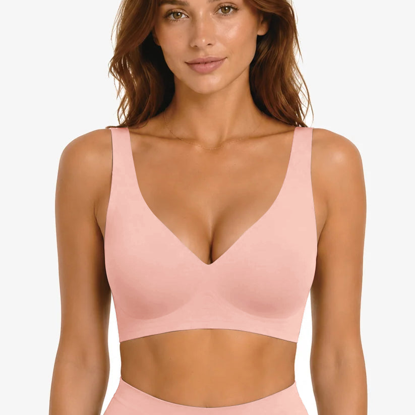 Tea red deep V wireless supportive bra, adjustable straps, front view