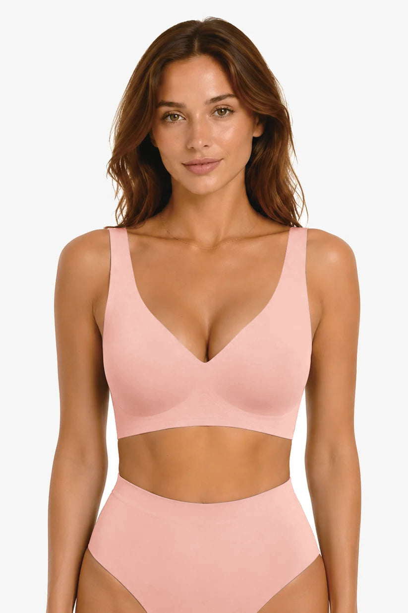 Tea red deep V wireless supportive bra, adjustable straps, front view