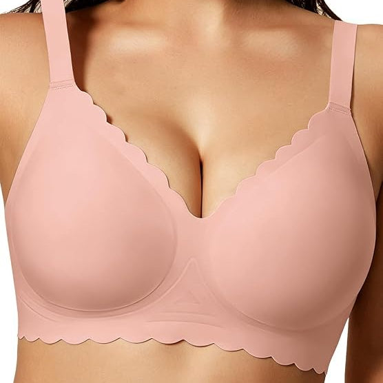 Scalloped full-coverage bra, no underwire, soft tea red cups