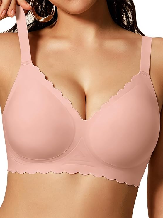 Scalloped full-coverage bra, no underwire, soft tea red cups