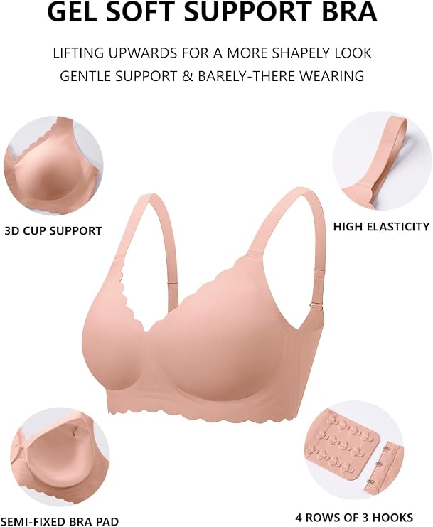 Gel soft support bra with scalloped edges and full coverage, tea red