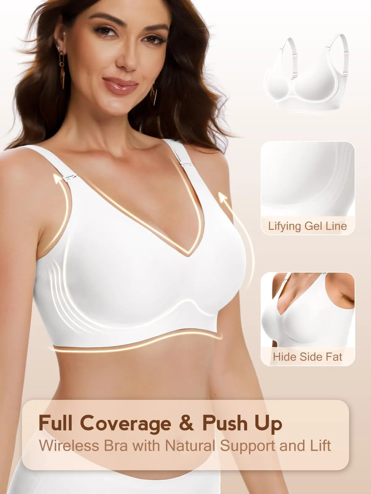 White wireless push-up bra with curved plunge neckline and comfort gel seams