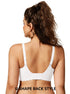 White bra back view with U-shaped straps and scalloped lower edge.
