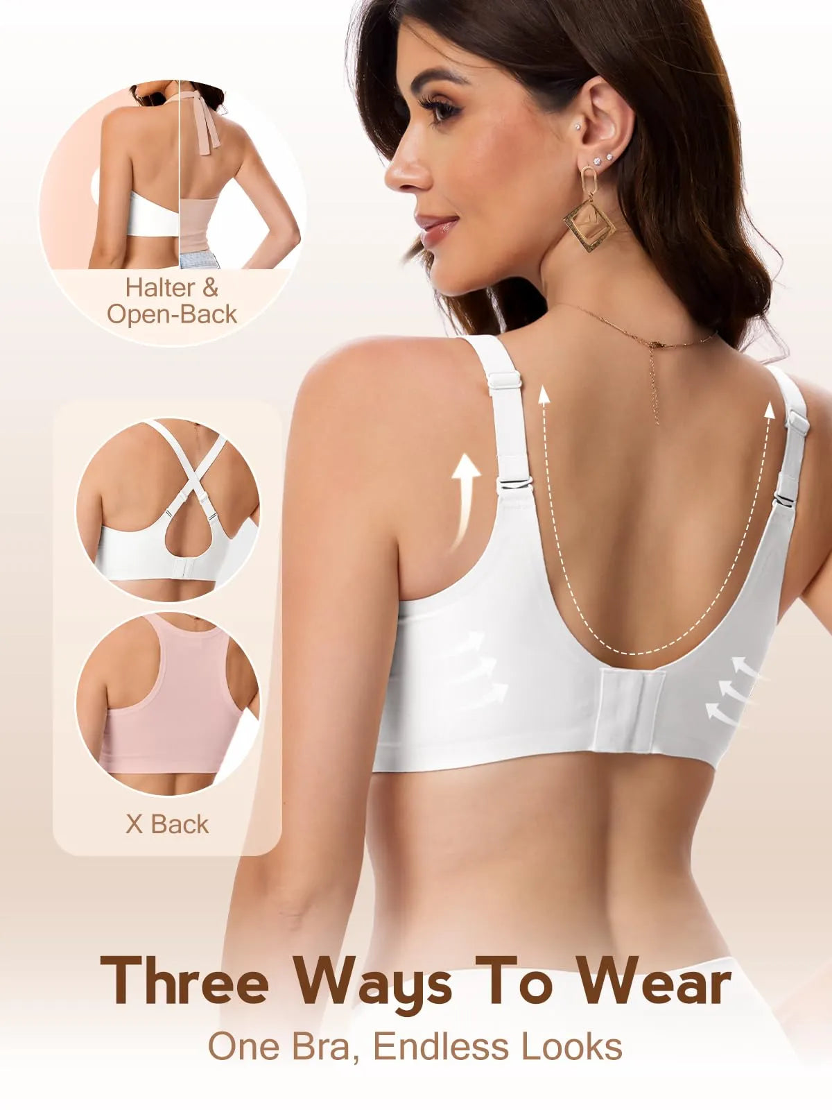 White wireless bra with convertible back options: halter and X-back