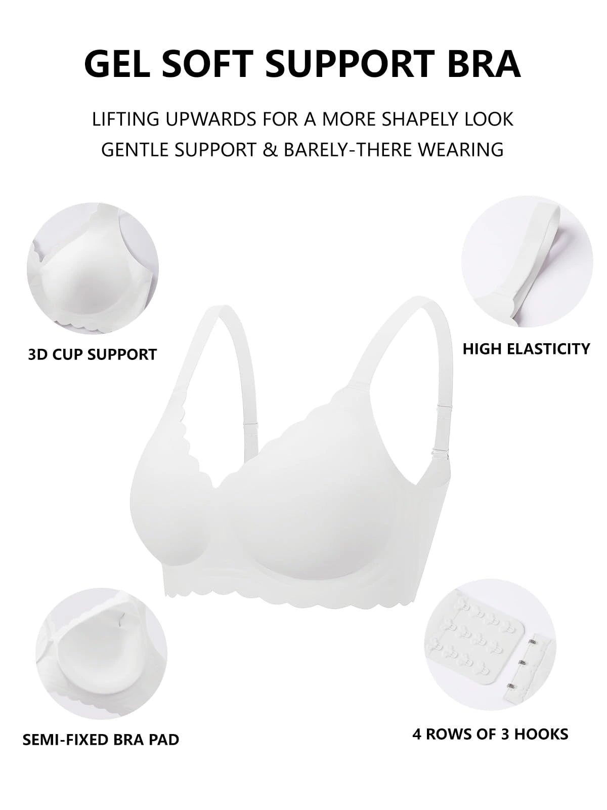 White gel soft support bra diagram: 3D cup support, semi-fixed pad, 4x3 hooks.
