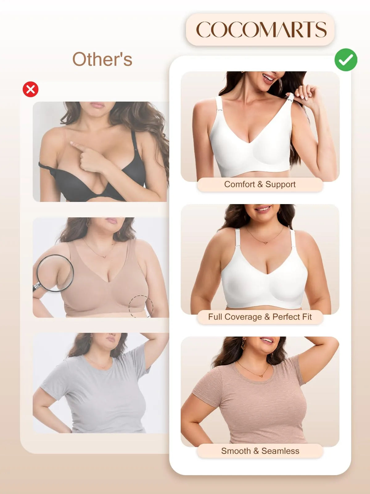 White seamless wireless bra on model, full coverage with smooth, seamless fit