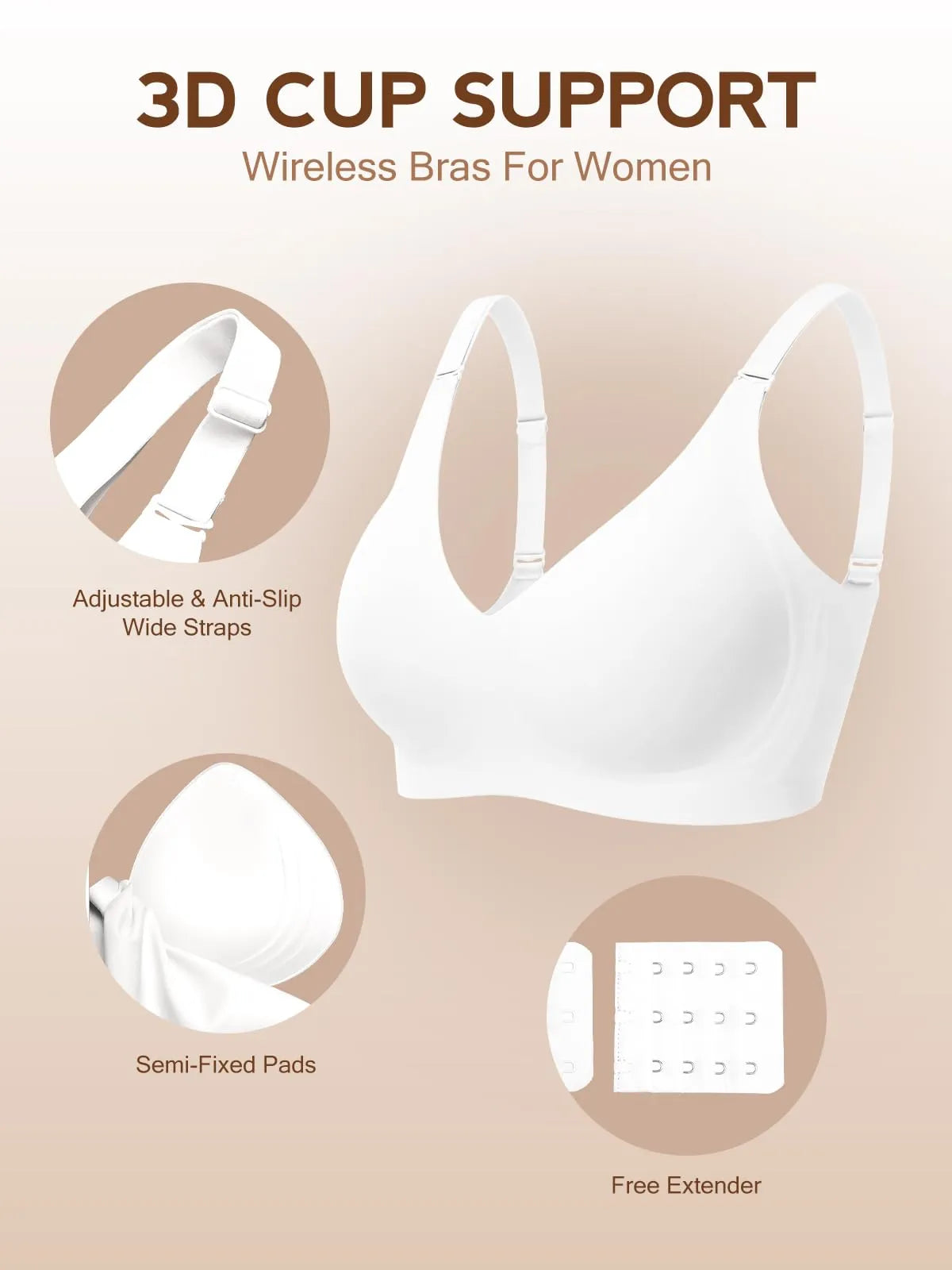 White wireless bra with 3D cups, adjustable wide straps, semi-filled pads, free extender