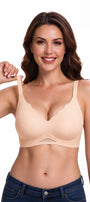 Nude seamless wireless push-up bra with scalloped neckline and adjustable straps
