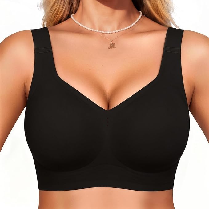 Black no-underwire full-coverage t-shirt bralette with V-neck and wide smooth straps