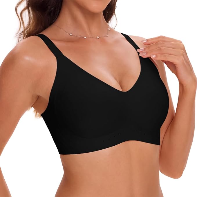 Black seamless no-underwire bralette with V-neck and adjustable shoulder straps