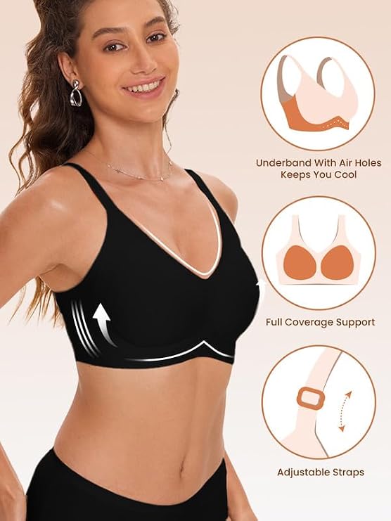 Black seamless bralette with V-neck, underband air holes, and adjustable straps