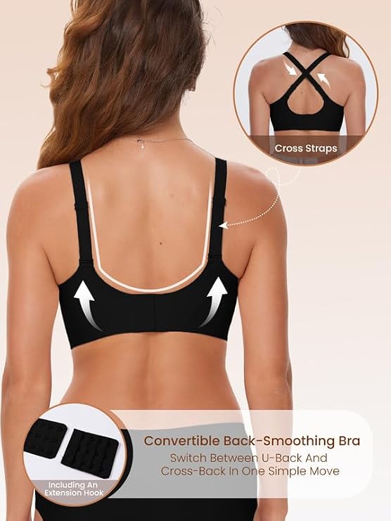 Black seamless bralette, convertible back with cross straps and smooth coverage