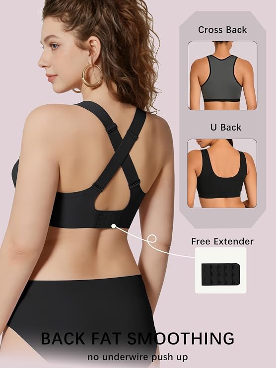 Black bralette back view with cross-back straps and smooth racer back