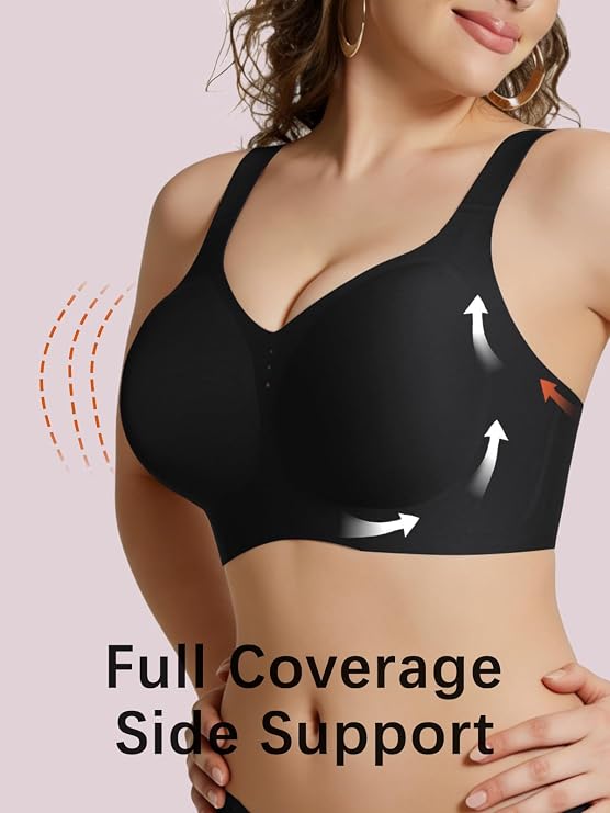 Black full-coverage bralette with V-neck and side support shaping