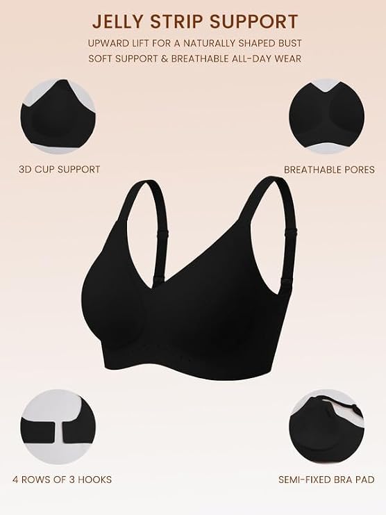 Black seamless bralette diagram with breathable pores and 3-cup support