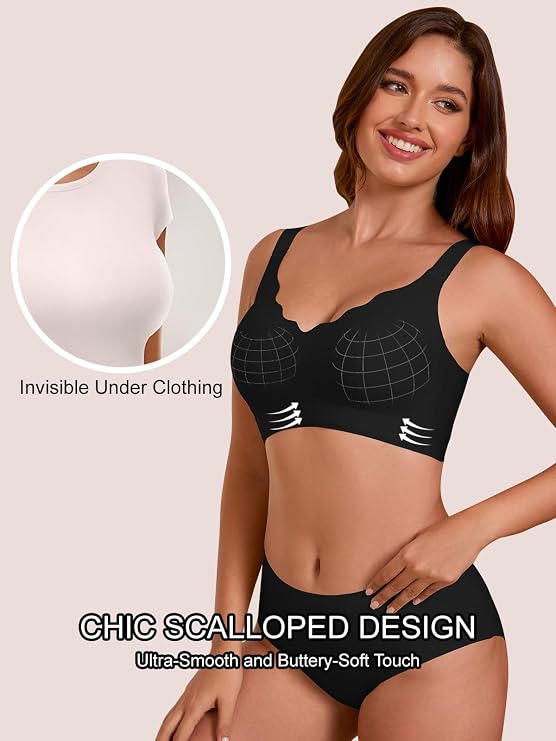 Black seamless push-up bra with scalloped edge and no underwire, stretchy comfort